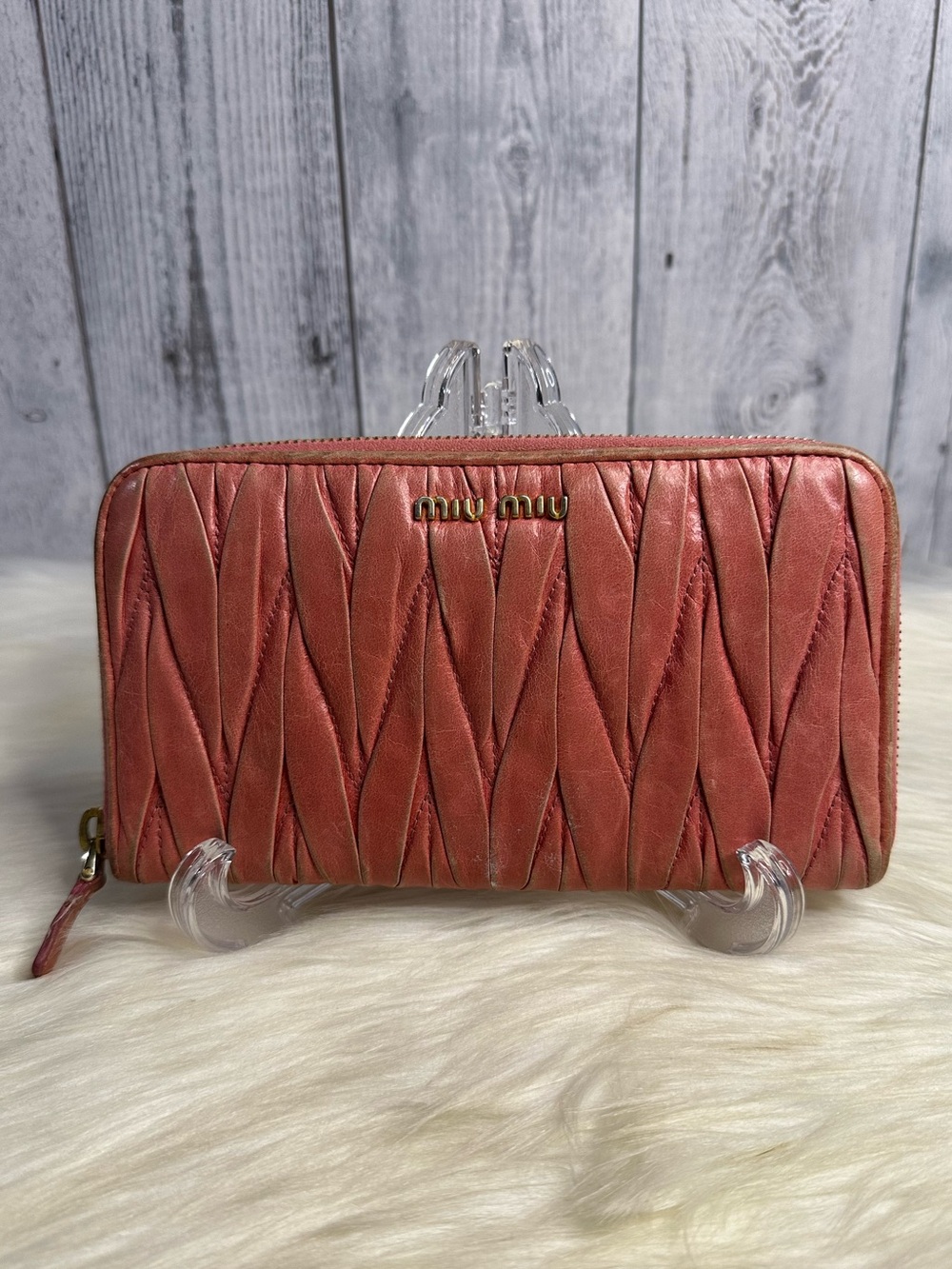 MIU MIU Coral Quilted Zip Around Wallet